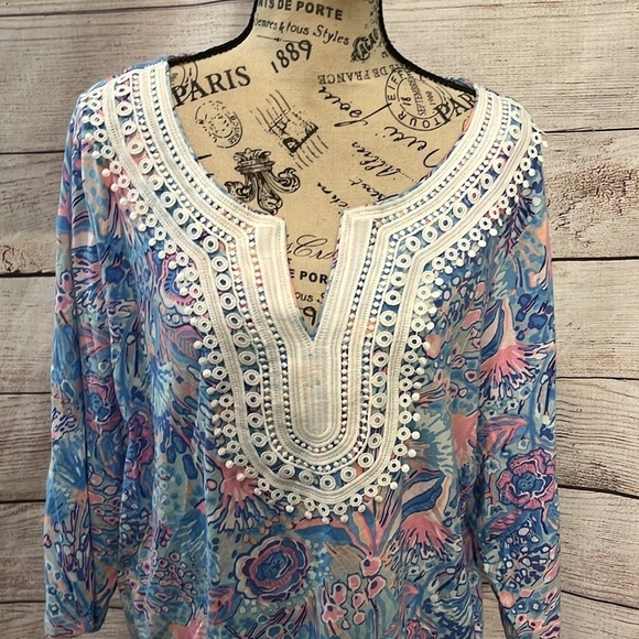 Talbots Floral Lace Trim Tunic Top Size 2X Pima Cotton 3/4 Sleeves - Picture 3 of 8